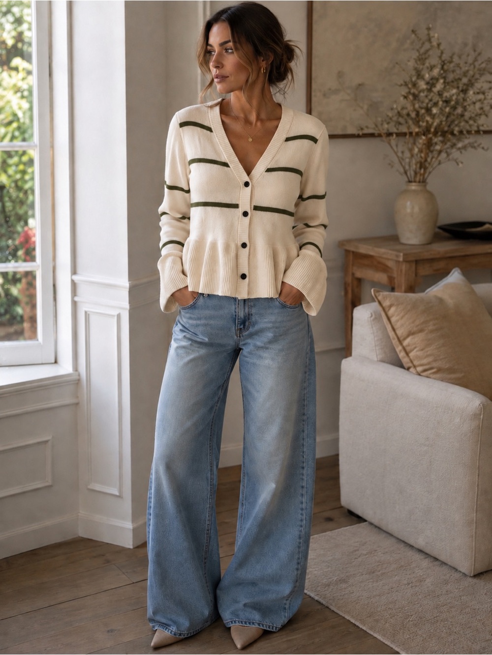 Cream Striped V-Neck Button Front Sweater Cardigan